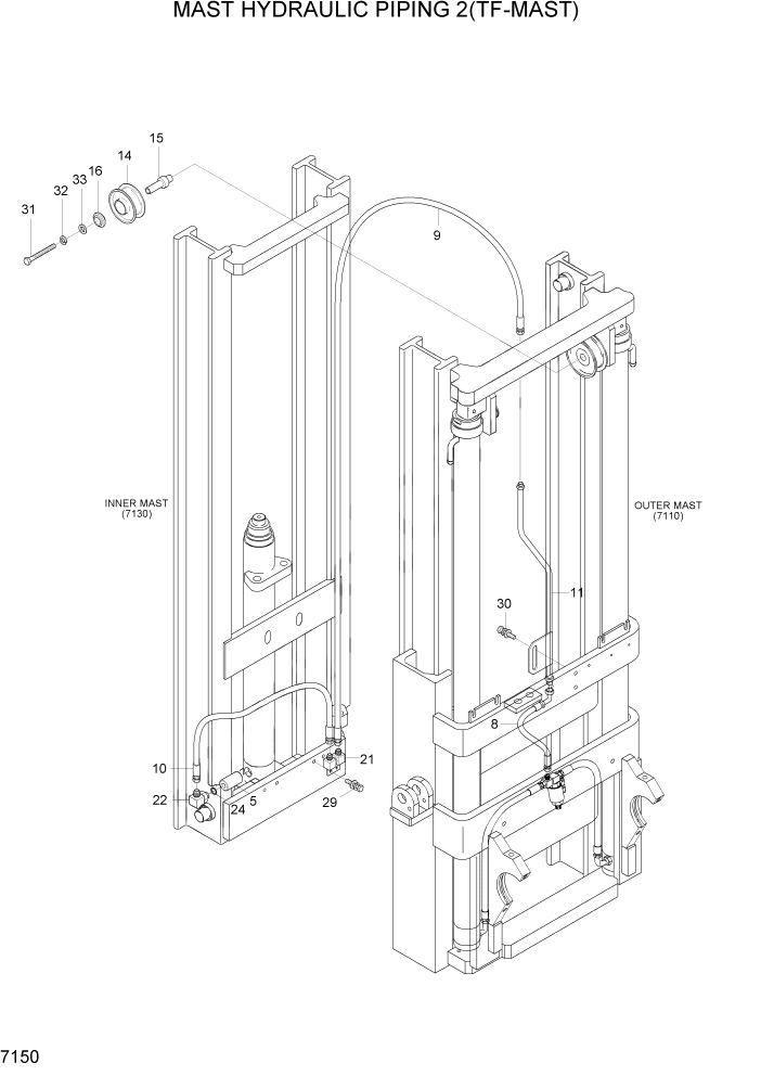 Схема запчастей Hyundai HBF15/HBF18-3 - PAGE 7150 MAST HYDRAULIC PIPING 2(TF-MAST) РАБОЧЕЕ ОБОРУДОВАНИЕ