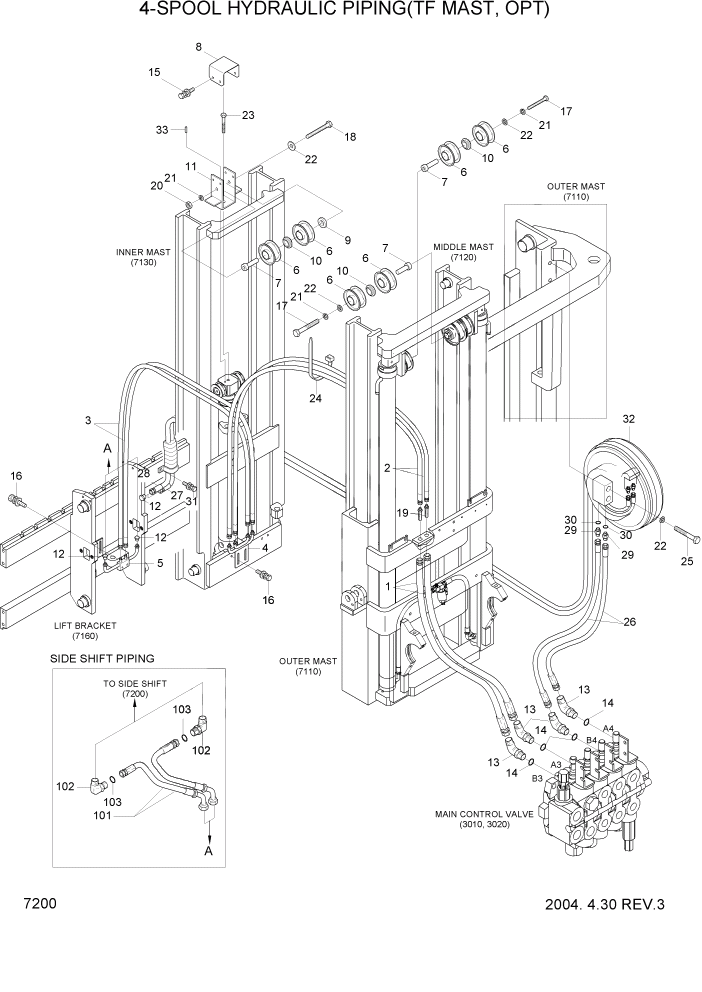 Схема запчастей Hyundai HBF15/HBF18-3 - PAGE 7200 4-SPOOL HYDRAULIC PIPING(TF-MAST,OPT) РАБОЧЕЕ ОБОРУДОВАНИЕ