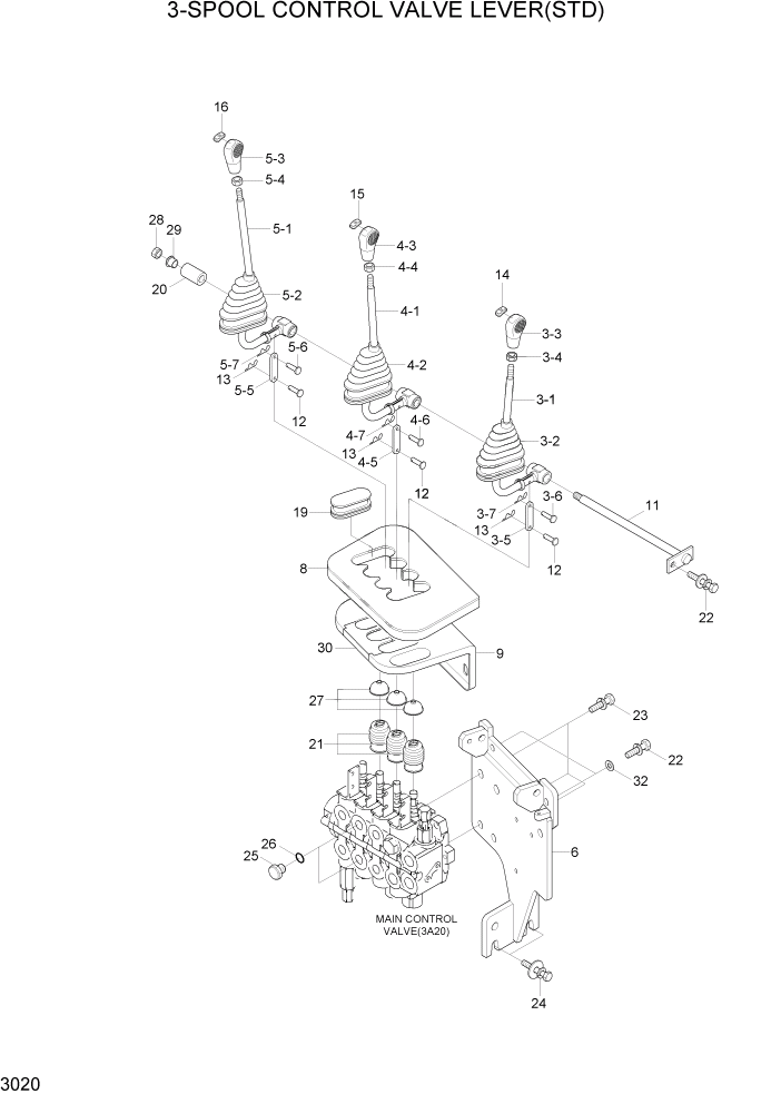 Схема запчастей Hyundai 15G/18G/20GA-7 - PAGE 3020 3-SPOOL CONTROL VALVE LEVER(STD) ГИДРАВЛИЧЕСКАЯ СИСТЕМА