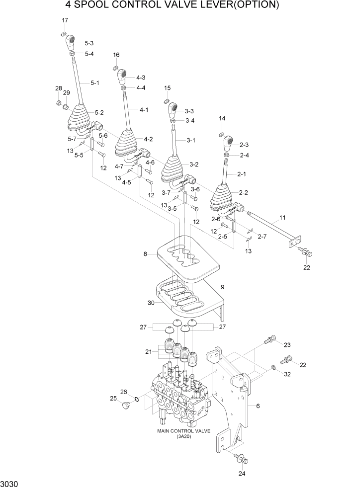 Схема запчастей Hyundai 15G/18G/20GA-7 - PAGE 3030 4-SPOOL CONTROL VALVE LEVER(OPTION) ГИДРАВЛИЧЕСКАЯ СИСТЕМА