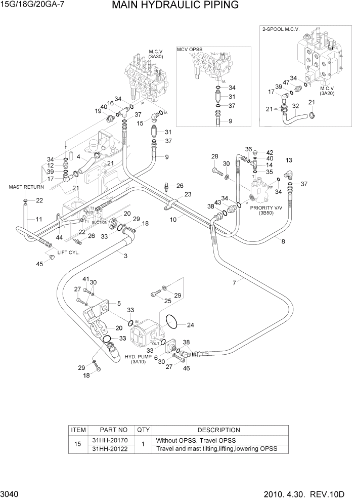 Схема запчастей Hyundai 15G/18G/20GA-7 - PAGE 3040 MAIN HYDRAULIC PIPING ГИДРАВЛИЧЕСКАЯ СИСТЕМА