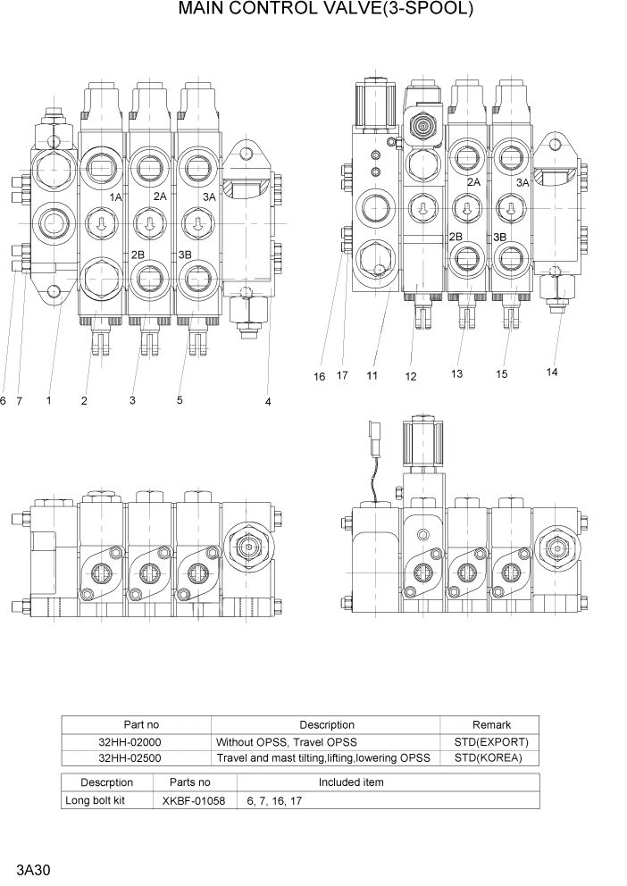 Схема запчастей Hyundai 15G/18G/20GA-7 - PAGE 3A30 MAIN CONTROL VALVE(3-SPOOL) ГИДРАВЛИЧЕСКАЯ СИСТЕМА