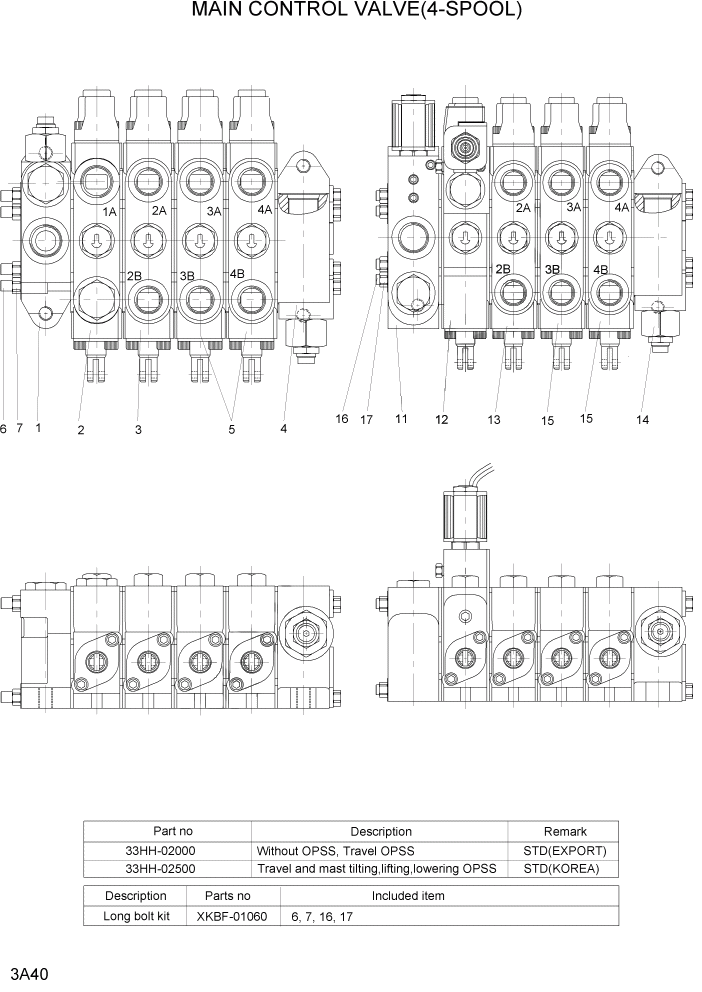 Схема запчастей Hyundai 15G/18G/20GA-7 - PAGE 3A40 MAIN CONTROL VALVE(4-SPOOL) ГИДРАВЛИЧЕСКАЯ СИСТЕМА