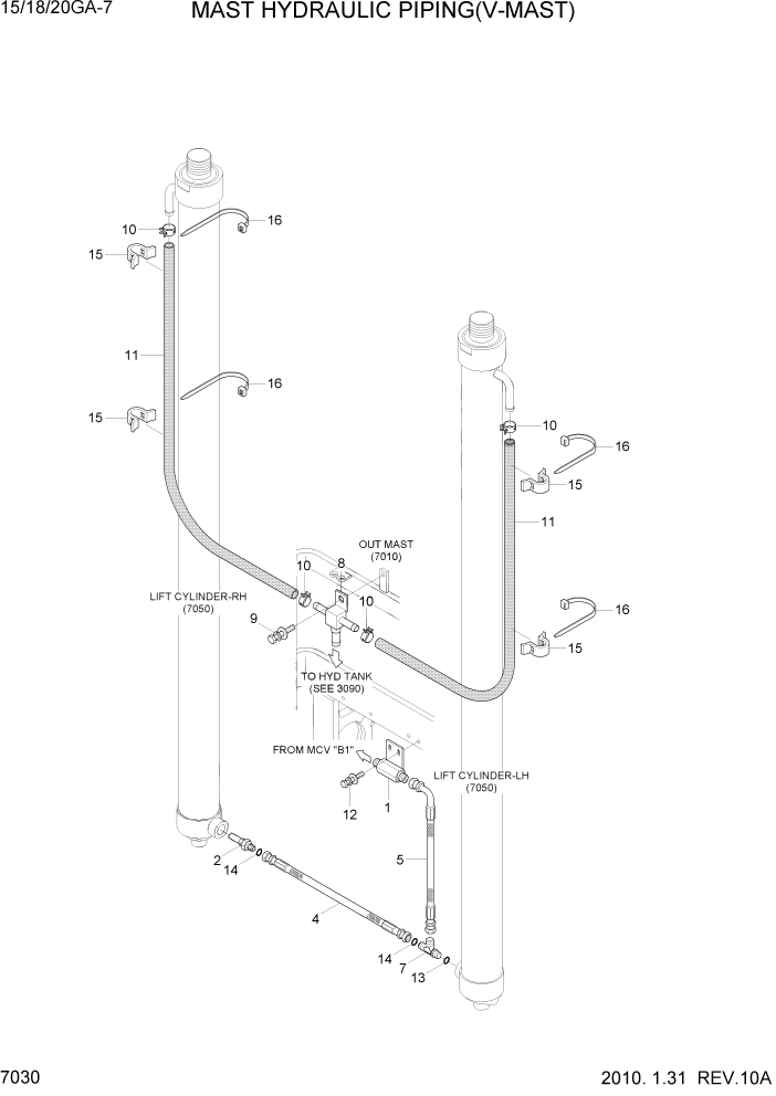 Схема запчастей Hyundai 15G/18G/20GA-7 - PAGE 7030 MAST HYDRAULIC PIPING(V-MAST) РАБОЧЕЕ ОБОРУДОВАНИЕ