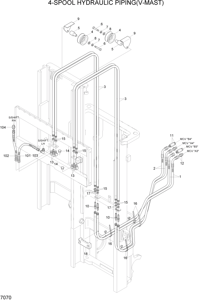 Схема запчастей Hyundai 15G/18G/20GA-7 - PAGE 7070 4-SPOOL HYDRAULIC PIPING(V-MAST) РАБОЧЕЕ ОБОРУДОВАНИЕ