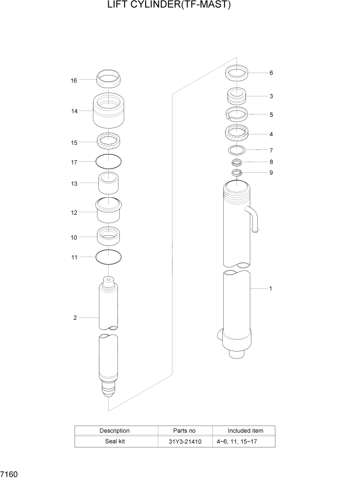 Схема запчастей Hyundai 15G/18G/20GA-7 - PAGE 7160 LIFT CYLINDER(TF-MAST) РАБОЧЕЕ ОБОРУДОВАНИЕ