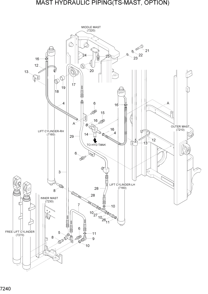 Схема запчастей Hyundai 15G/18G/20GA-7 - PAGE 7240 MAST HYDRAULIC PIPING(TS-MAST, OPTION) РАБОЧЕЕ ОБОРУДОВАНИЕ