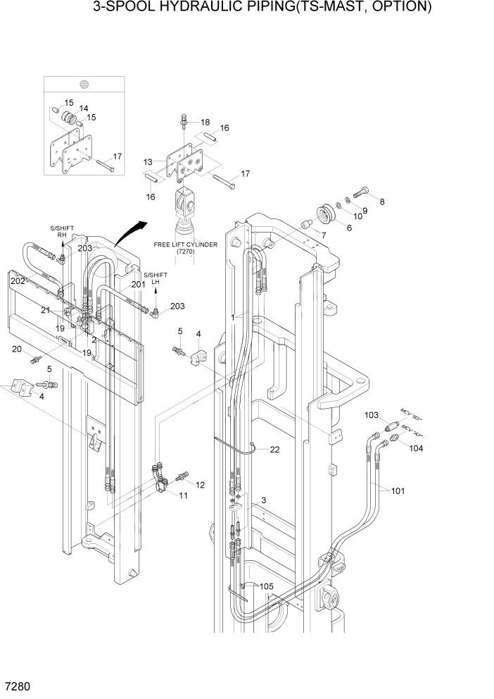 Схема запчастей Hyundai 15G/18G/20GA-7 - PAGE 7280 3-SPOOL HYDRAULIC PIPING(TS-MAST,OPTION) РАБОЧЕЕ ОБОРУДОВАНИЕ