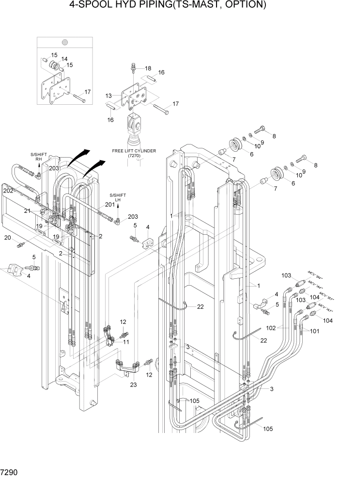 Схема запчастей Hyundai 15G/18G/20GA-7 - PAGE 7290 4-SPOOL HYDRAULIC PIPING(TS-MAST,OPTION) РАБОЧЕЕ ОБОРУДОВАНИЕ