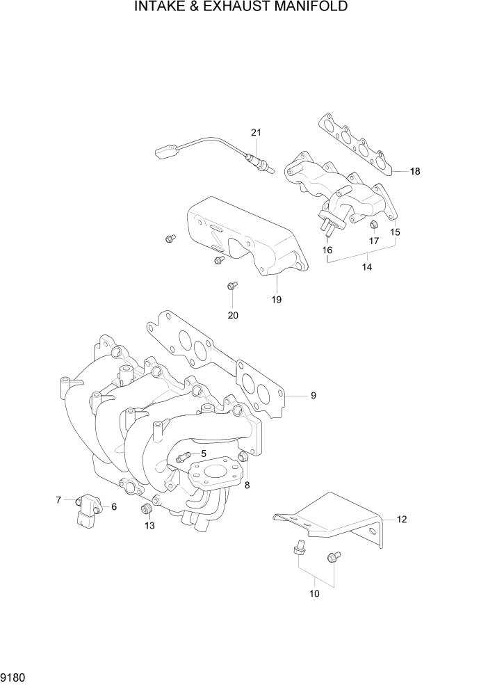 Схема запчастей Hyundai 15G/18G/20GA-7 - PAGE 9180 INTAKE & EXHAUST MANIFOLD ДВИГАТЕЛЬ БАЗА