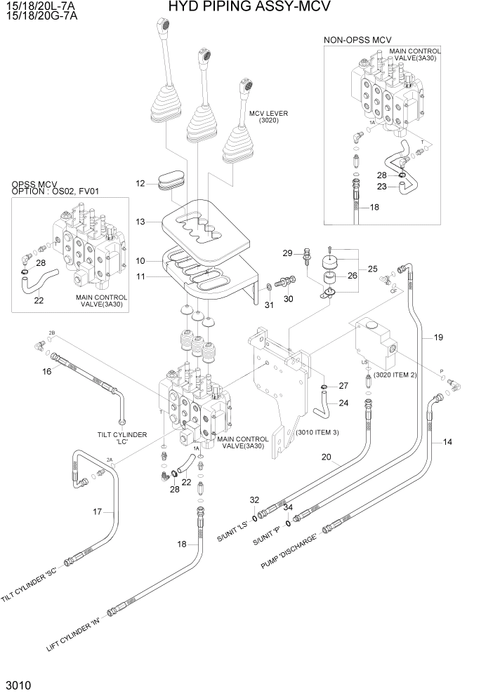 Схема запчастей Hyundai 15/18/20G-7A - PAGE 3010 HYD PIPING ASSY - MCV ГИДРАВЛИЧЕСКАЯ СИСТЕМА