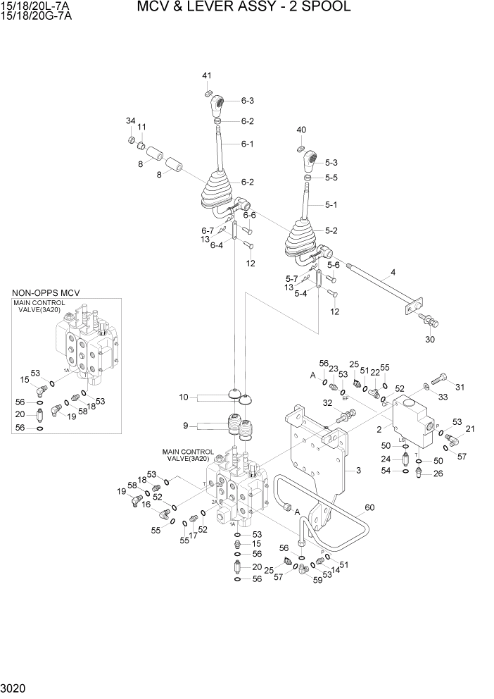 Схема запчастей Hyundai 15/18/20G-7A - PAGE 3020 MCV & LEVER ASSY - 2 SPOOL ГИДРАВЛИЧЕСКАЯ СИСТЕМА