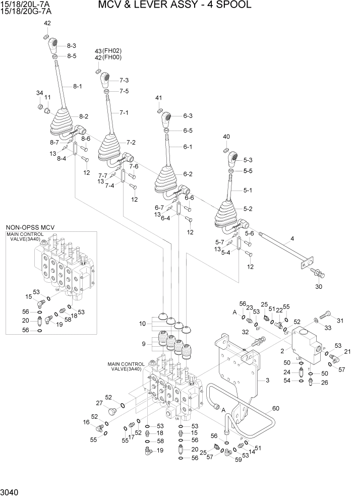 Схема запчастей Hyundai 15/18/20G-7A - PAGE 3040 MCV & LEVER ASSY - 4SPOOL ГИДРАВЛИЧЕСКАЯ СИСТЕМА