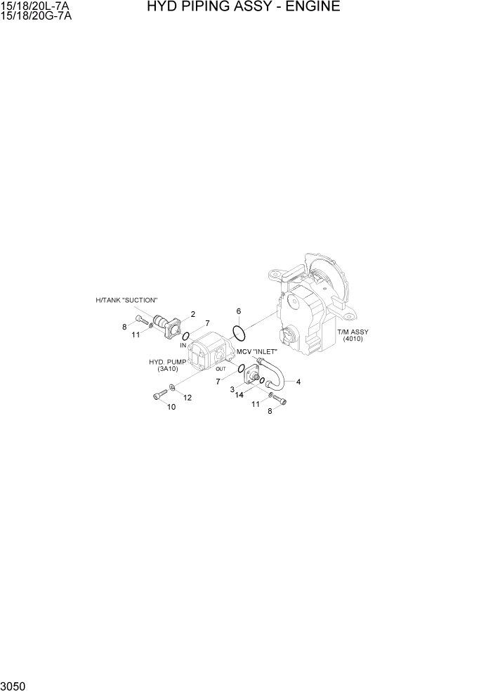 Схема запчастей Hyundai 15/18/20G-7A - PAGE 3050 HYD PIPING ASSY - ENGINE ГИДРАВЛИЧЕСКАЯ СИСТЕМА