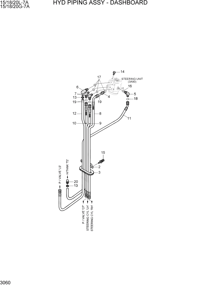 Схема запчастей Hyundai 15/18/20G-7A - PAGE 3060 HYD PIPING ASSY - DASHBOARD ГИДРАВЛИЧЕСКАЯ СИСТЕМА