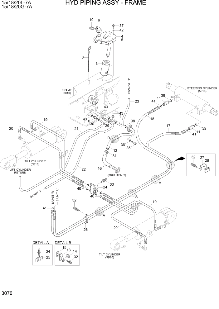 Схема запчастей Hyundai 15/18/20G-7A - PAGE 3070 HYD PIPING ASSY - FRAME ГИДРАВЛИЧЕСКАЯ СИСТЕМА