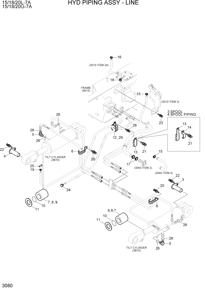 Схема запчастей Hyundai 15/18/20G-7A - PAGE 3080 HYD PIPING ASSY - LINE ГИДРАВЛИЧЕСКАЯ СИСТЕМА