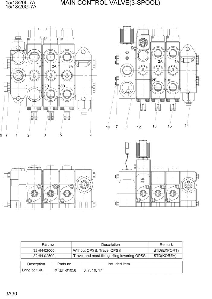 Схема запчастей Hyundai 15/18/20G-7A - PAGE 3A30 MAIN CONTROL VALVE(3-SPOOL) ГИДРАВЛИЧЕСКАЯ СИСТЕМА