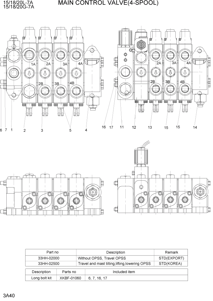 Схема запчастей Hyundai 15/18/20G-7A - PAGE 3A40 MAIN CONTROL VALVE(4-SPOOL) ГИДРАВЛИЧЕСКАЯ СИСТЕМА