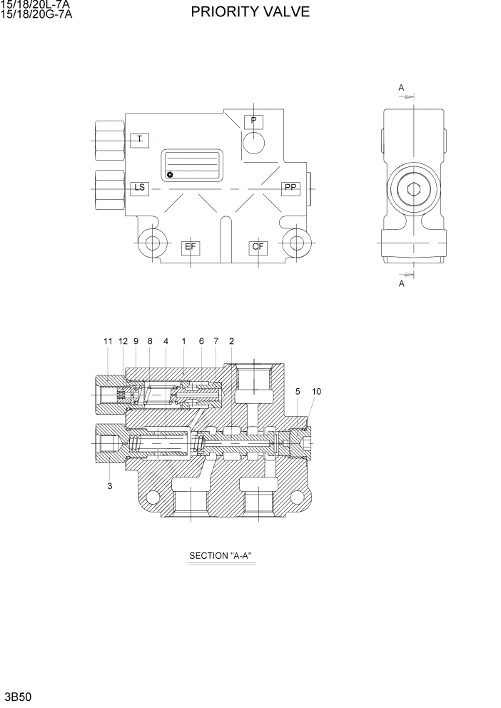 Схема запчастей Hyundai 15/18/20G-7A - PAGE 3B50 PRIORITY VALVE ГИДРАВЛИЧЕСКАЯ СИСТЕМА