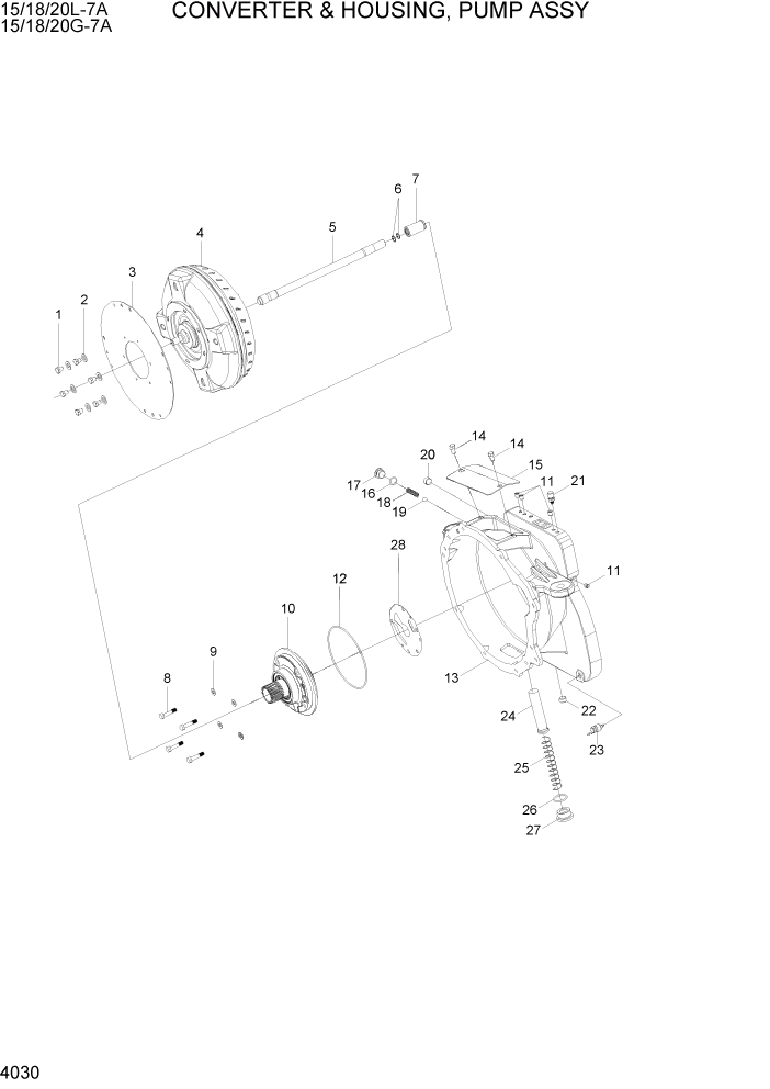 Схема запчастей Hyundai 15/18/20G-7A - PAGE 4030 CONVERTER & HOUSING, PUMP ASSY СИЛОВАЯ СИСТЕМА