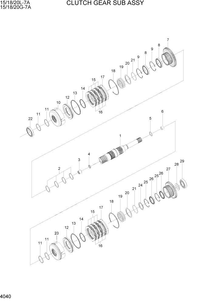 Схема запчастей Hyundai 15/18/20G-7A - PAGE 4040 CLUTCH GEAR SUB ASSY СИЛОВАЯ СИСТЕМА