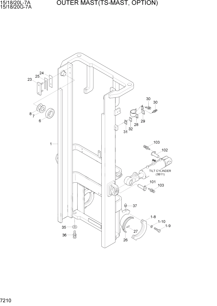 Схема запчастей Hyundai 15/18/20G-7A - PAGE 7210 OUTER MAST(TS-MAST, OPTION) РАБОЧЕЕ ОБОРУДОВАНИЕ