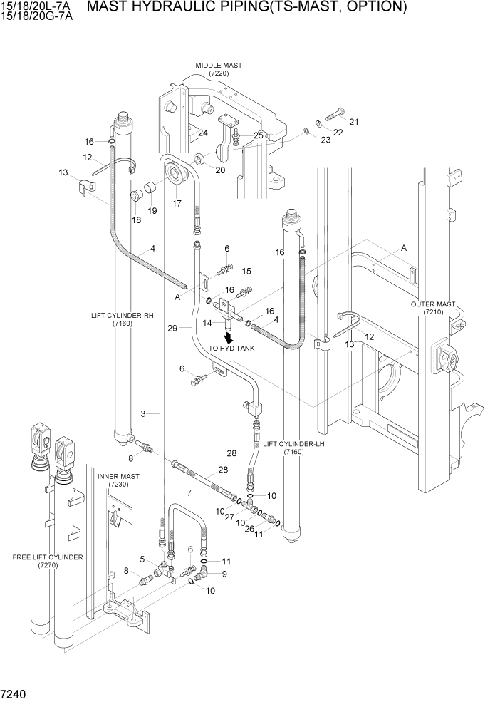 Схема запчастей Hyundai 15/18/20G-7A - PAGE 7240 MAST HYDRAULIC PIPING(TS-MAST, OPTION) РАБОЧЕЕ ОБОРУДОВАНИЕ