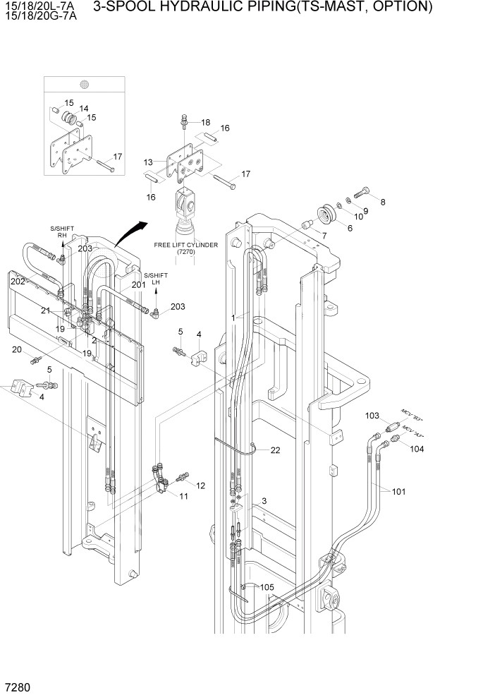 Схема запчастей Hyundai 15/18/20G-7A - PAGE 7280 3-SPOOL HYDRAULIC PIPING(TS-MAST,OPTION) РАБОЧЕЕ ОБОРУДОВАНИЕ