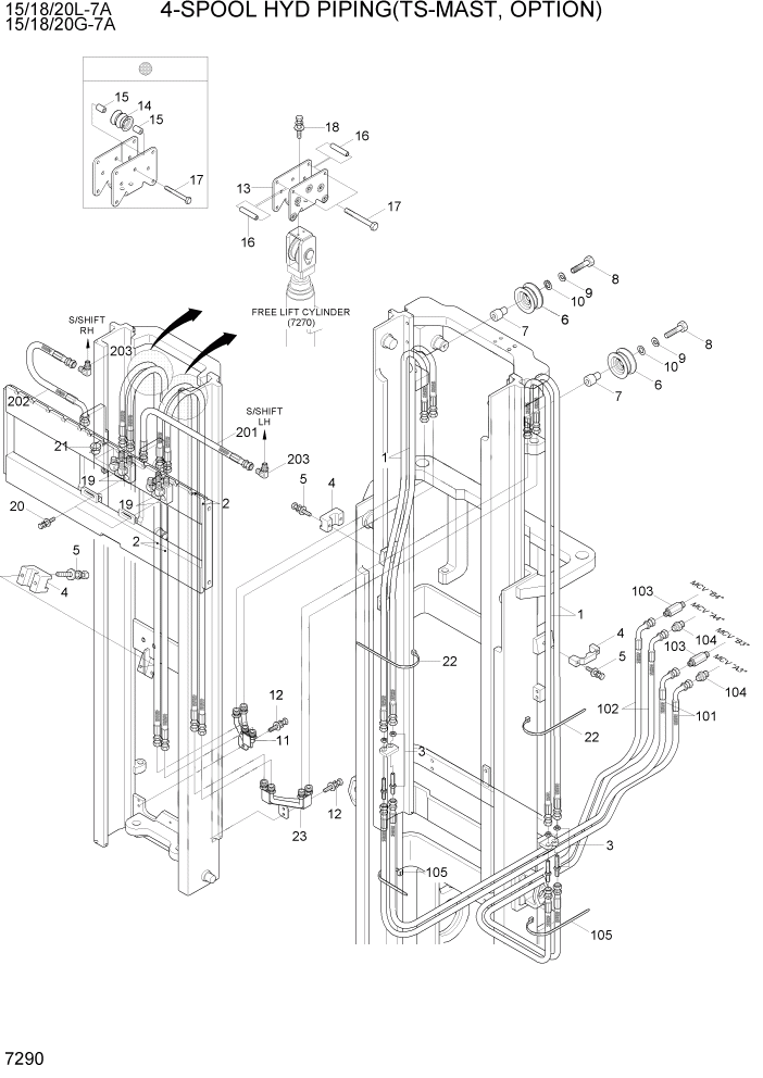 Схема запчастей Hyundai 15/18/20G-7A - PAGE 7290 4-SPOOL HYDRAULIC PIPING(TS-MAST,OPTION) РАБОЧЕЕ ОБОРУДОВАНИЕ