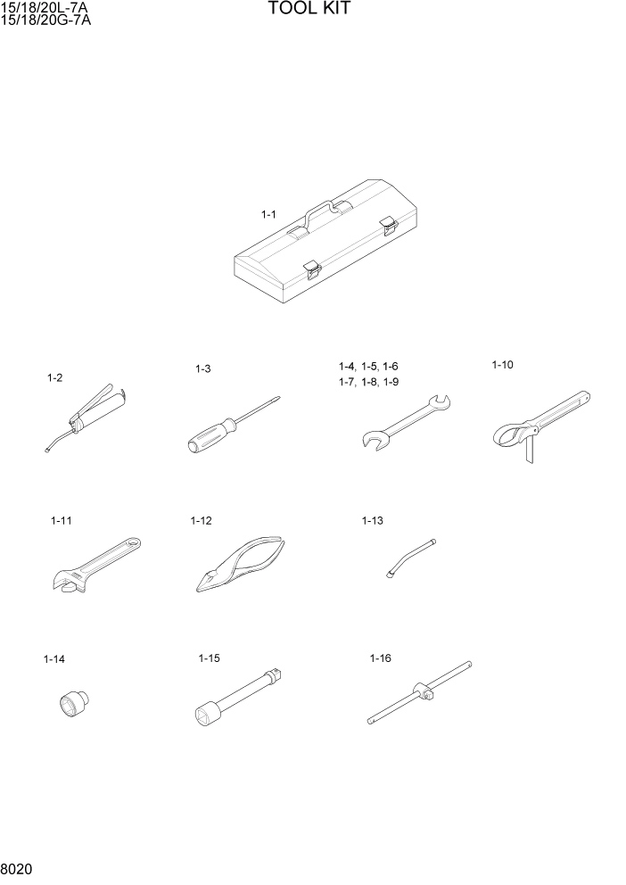 Схема запчастей Hyundai 15/18/20G-7A - PAGE 8020 TOOL SET ДРУГИЕ ЧАСТИ