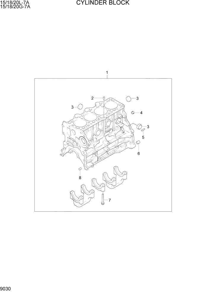 Схема запчастей Hyundai 15/18/20G-7A - PAGE 9030 CYLINDER BLOCK ДВИГАТЕЛЬ БАЗА