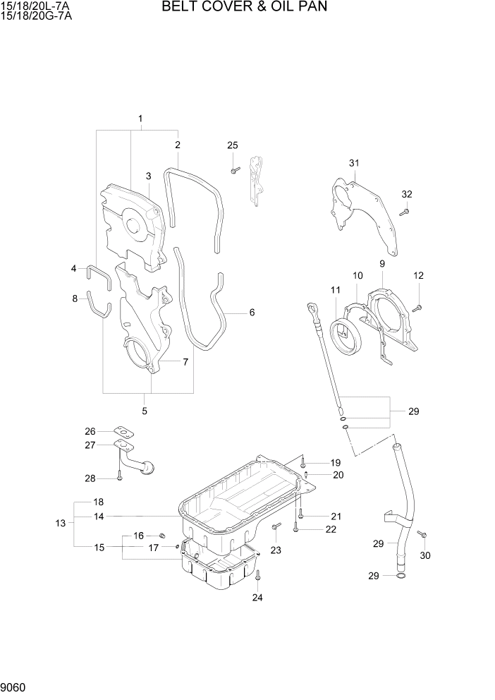 Схема запчастей Hyundai 15/18/20G-7A - PAGE 9060 BELT COVER & OIL PAN ДВИГАТЕЛЬ БАЗА