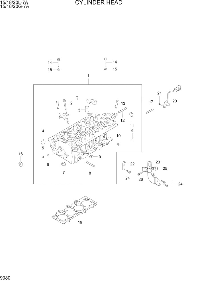 Схема запчастей Hyundai 15/18/20G-7A - PAGE 9080 CYLINDER HEAD ДВИГАТЕЛЬ БАЗА