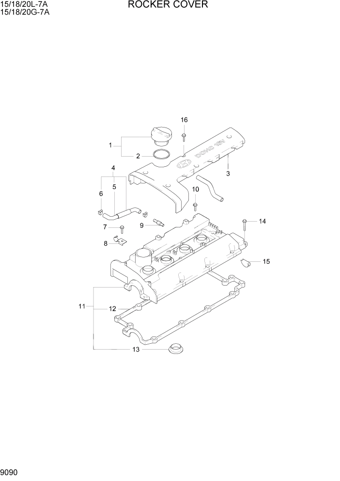 Схема запчастей Hyundai 15/18/20G-7A - PAGE 9090 ROCKER COVER ДВИГАТЕЛЬ БАЗА