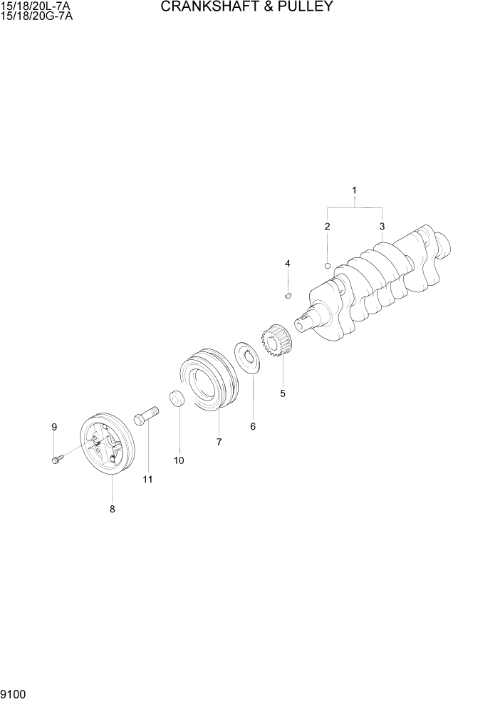 Схема запчастей Hyundai 15/18/20G-7A - PAGE 9100 CRANKSHAFT & PULLEY ДВИГАТЕЛЬ БАЗА