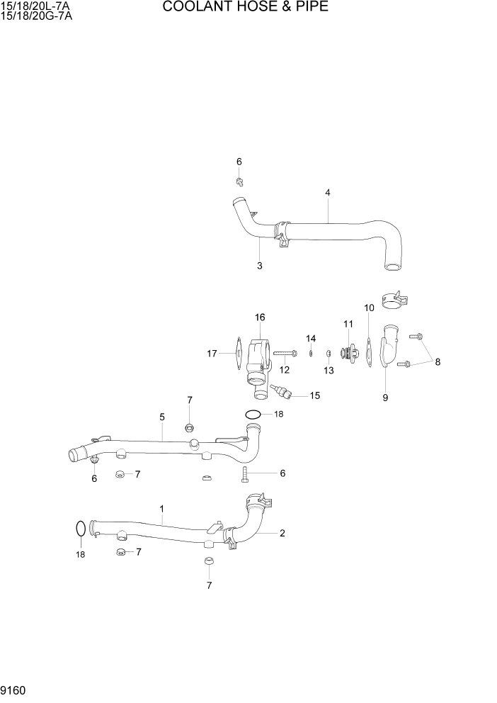 Схема запчастей Hyundai 15/18/20G-7A - PAGE 9160 COOLANT HOSE & PIPE ДВИГАТЕЛЬ БАЗА