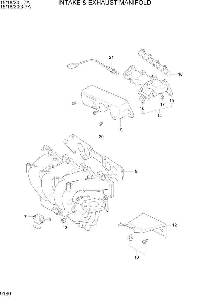 Схема запчастей Hyundai 15/18/20G-7A - PAGE 9180 INTAKE & EXHAUST MANIFOLD ДВИГАТЕЛЬ БАЗА