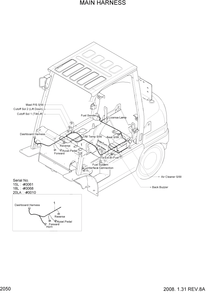 Схема запчастей Hyundai 15L/18L/20LA - PAGE 2050 FRAME HARNESS ЭЛЕКТРИЧЕСКАЯ СИСТЕМА