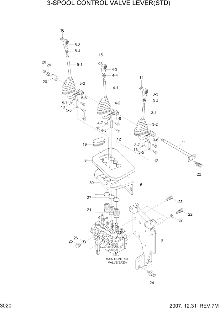 Схема запчастей Hyundai 15L/18L/20LA - PAGE 3020 3-SPOOL CONTROL VALVE LEVER(STD) ГИДРАВЛИЧЕСКАЯ СИСТЕМА