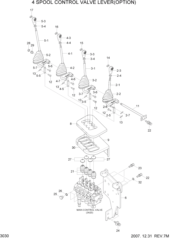 Схема запчастей Hyundai 15L/18L/20LA - PAGE 3030 4-SPOOL CONTROL VALVE LEVER(OPTION) ГИДРАВЛИЧЕСКАЯ СИСТЕМА