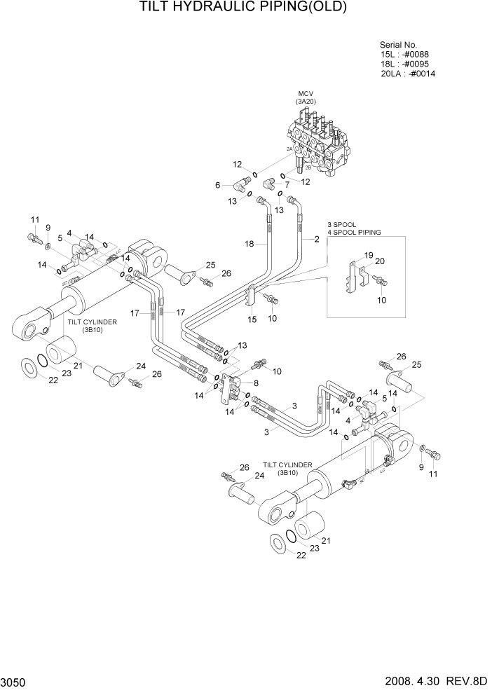 Схема запчастей Hyundai 15L/18L/20LA - PAGE 3050 TILT HYDRAULIC PIPING(OLD) ГИДРАВЛИЧЕСКАЯ СИСТЕМА