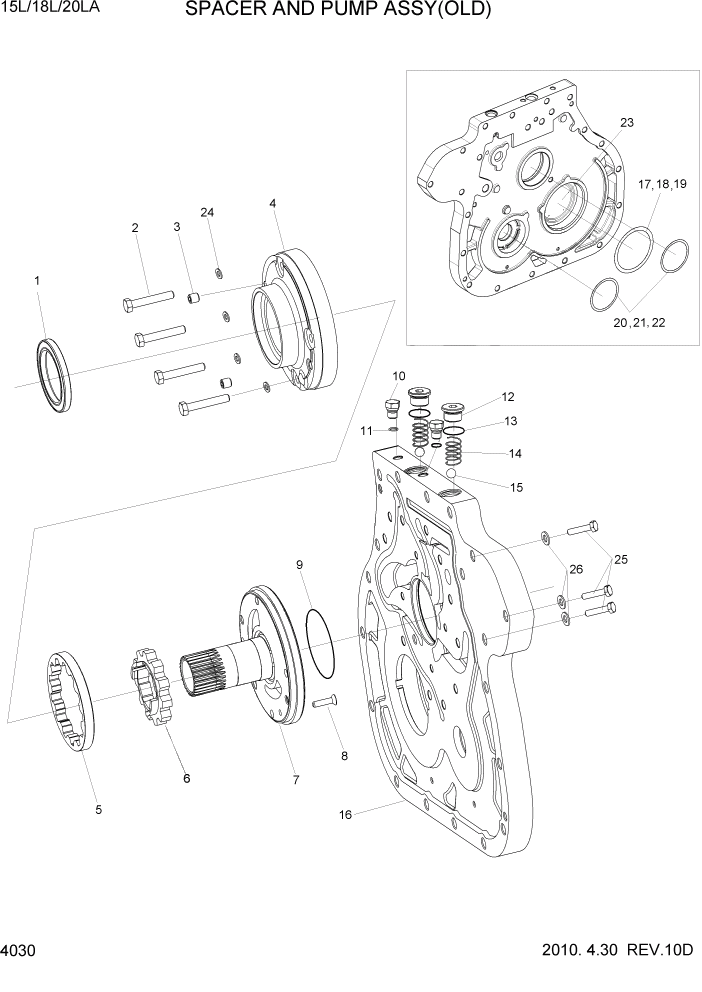 Схема запчастей Hyundai 15L/18L/20LA - PAGE 4030 SPACER AND PUMP ASSY(OLD) СИЛОВАЯ СИСТЕМА