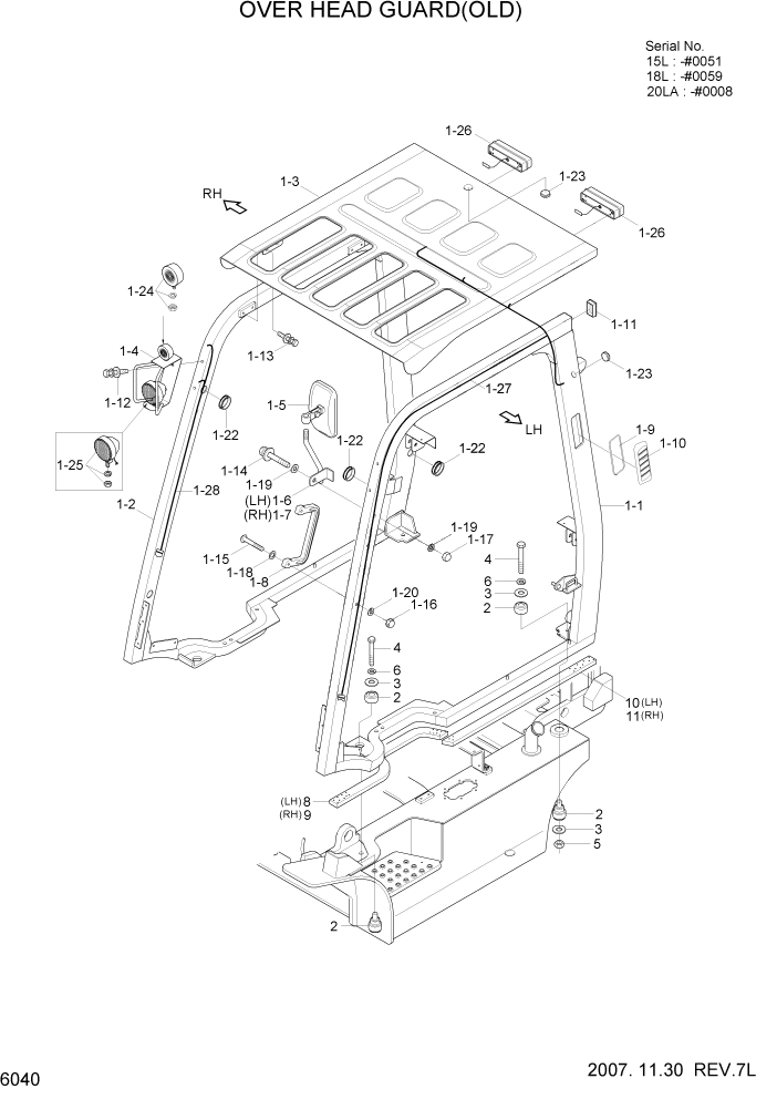 Схема запчастей Hyundai 15L/18L/20LA - PAGE 6040 OVER HEARD GUARD(OLD) СТРУКТУРА