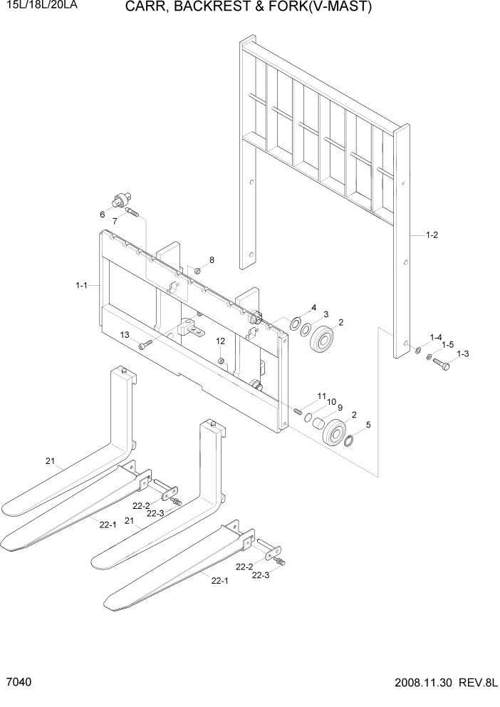 Схема запчастей Hyundai 15L/18L/20LA - PAGE 7040 CARR,BACKREST & FORK(V-MAST) РАБОЧЕЕ ОБОРУДОВАНИЕ