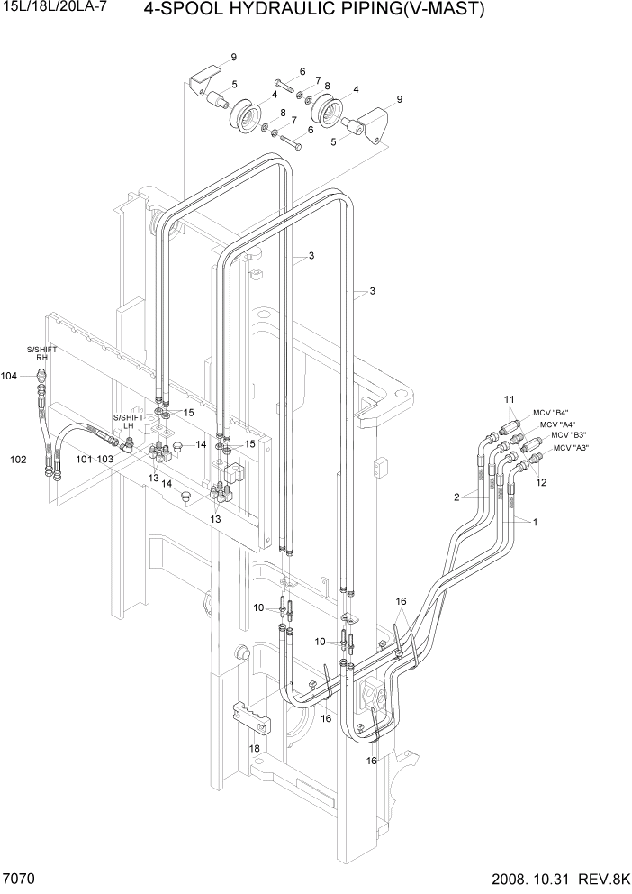 Схема запчастей Hyundai 15L/18L/20LA - PAGE 7070 4-SPOOL HYDRAULIC PIPING(V-MAST) РАБОЧЕЕ ОБОРУДОВАНИЕ