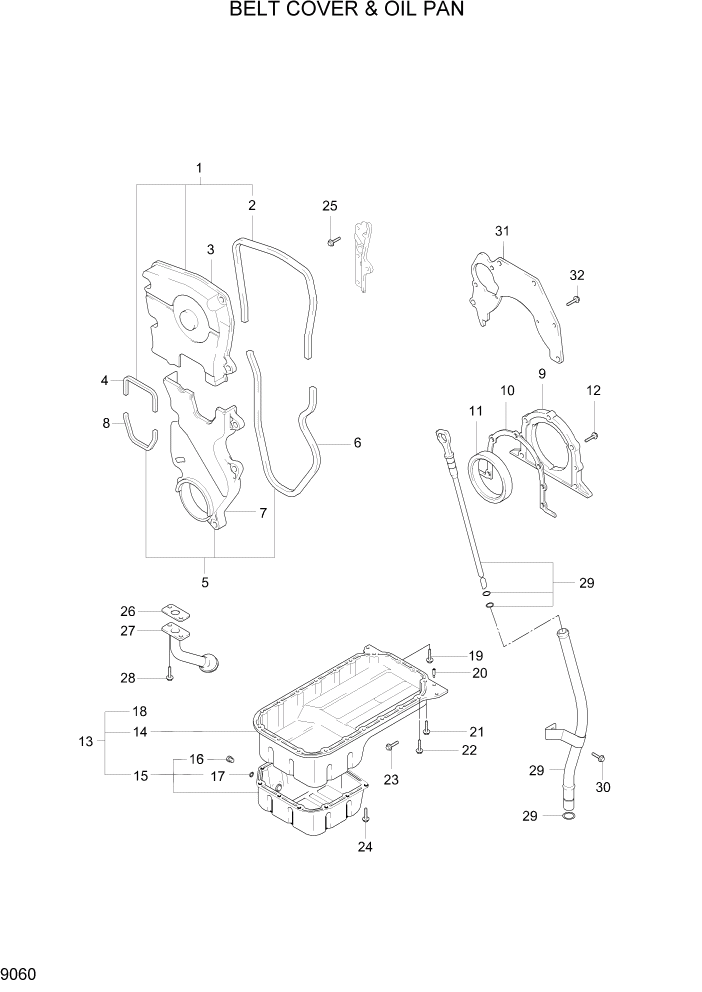 Схема запчастей Hyundai 15L/18L/20LA - PAGE 9060 BELT COVER & OIL PAN ДВИГАТЕЛЬ БАЗА