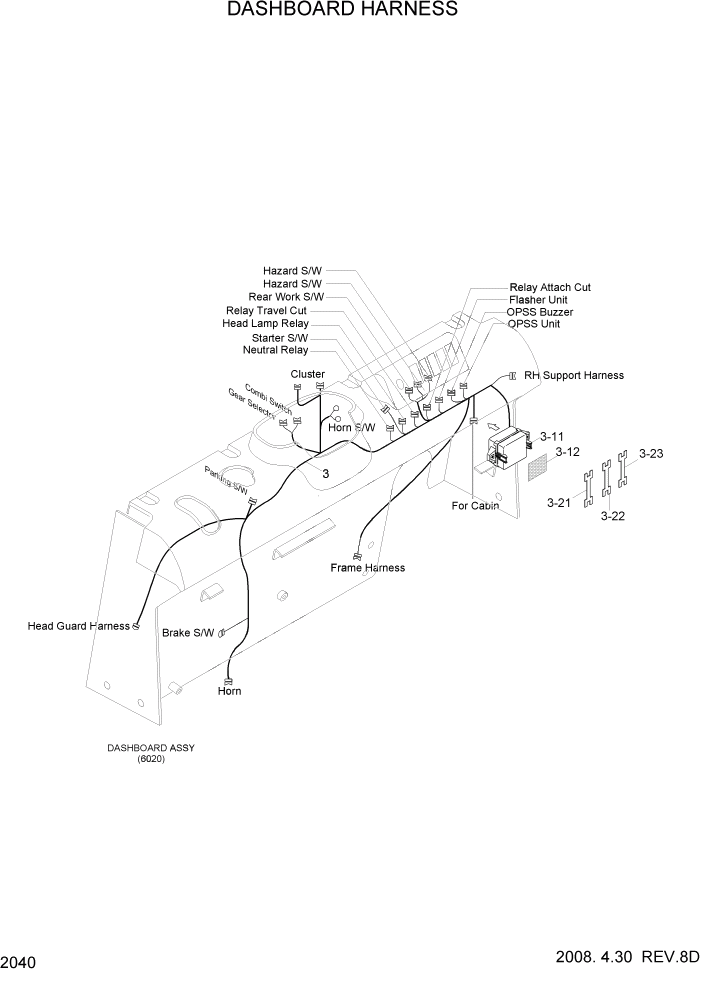 Схема запчастей Hyundai 15LC/18LC/20LCA-7 - PAGE 2040 DASHBOARD HARNESS ЭЛЕКТРИЧЕСКАЯ СИСТЕМА