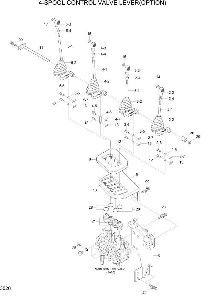 Схема запчастей Hyundai 15LC/18LC/20LCA-7 - PAGE 3020 4-SPOOL CONTROL VALVE LEVER(OPTION) ГИДРАВЛИЧЕСКАЯ СИСТЕМА