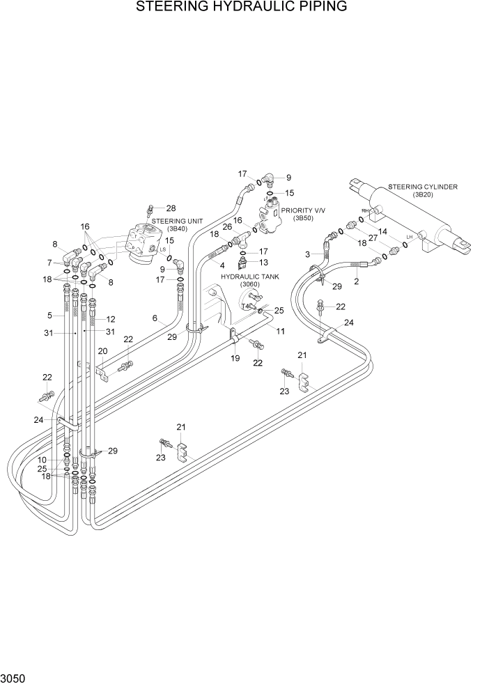 Схема запчастей Hyundai 15LC/18LC/20LCA-7 - PAGE 3050 STEERING HYDRAULIC PIPING ГИДРАВЛИЧЕСКАЯ СИСТЕМА